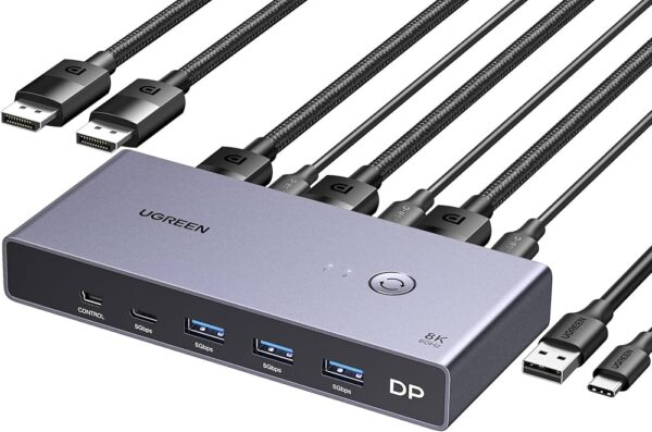 UGREEN 8K Displayport KVM Switch DP 1.4 with 4 USB 3.0 Ports (3 USB-A + 1 USB-C) Support 8K@60Hz 4K@240Hz Share 1 Monitor Keyboard Mouse USB C Hard Drive Printer, with 2 DP Cables, 2 USB A to C Cables