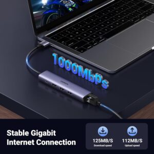 UGREEN USB3.0 to 3×USB3.0 +RJ45 (1000M) Ethernet Adapter Type-C Power Supply (5-in-1)