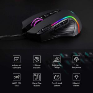 M612 Predator RGB Gaming Mouse, 8000 DPI Wired Optical Gamer Mouse with 11 Programmable Buttons & 5 Backlit Modes, Software Supports DIY Keybinds Rapid Fire Button