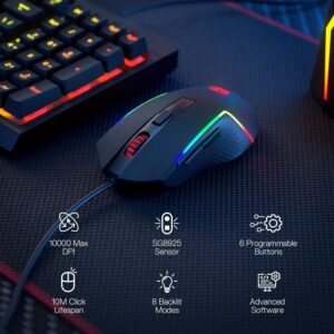 M616 RGB Gaming Mouse, 10000 DPI Wired Optical Mouse with 6 Programmable Buttons & 8 Backlit Modes, Software Supports DIY Keybinds