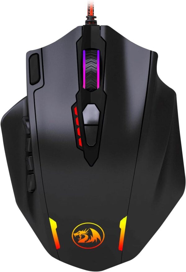 M908 12400 DPI Impact MMO Gaming Mouse w/ 18 Programmable Buttons, Weight Tuning Cartridge, 12 Side Buttons