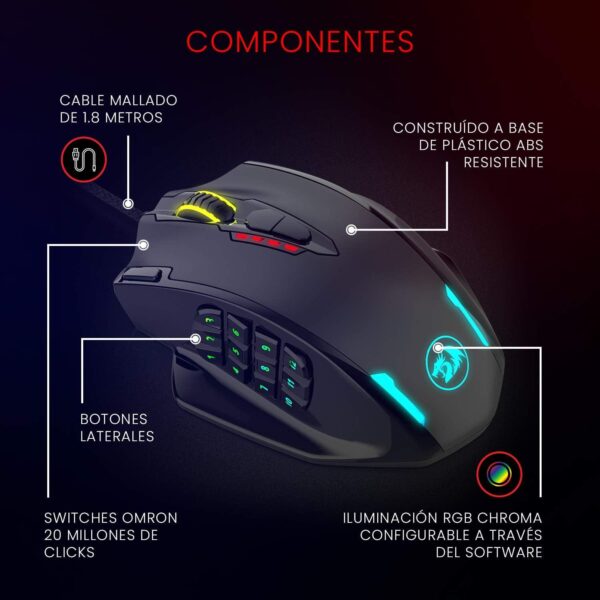 M908 12400 DPI Impact MMO Gaming Mouse w/ 18 Programmable Buttons, Weight Tuning Cartridge, 12 Side Buttons - Image 3