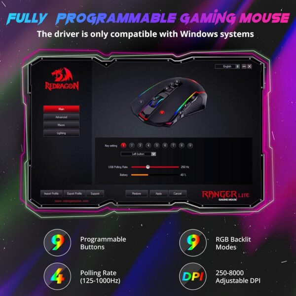 M910-KS Ranger Lite Wireless Gaming Mouse 8000 DPI, PC Gaming Mice with Fire Button, RGB Backlit Programmable Ergonomic Mouse Gamer, Rechargeable, 70Hrs for Windows, Mac Gamer, Black - Image 3