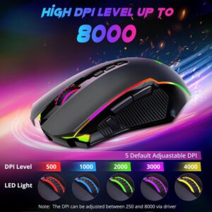 M910-KS Ranger Lite Wireless Gaming Mouse 8000 DPI, PC Gaming Mice with Fire Button, RGB Backlit Programmable Ergonomic Mouse Gamer, Rechargeable, 70Hrs for Windows, Mac Gamer, Black
