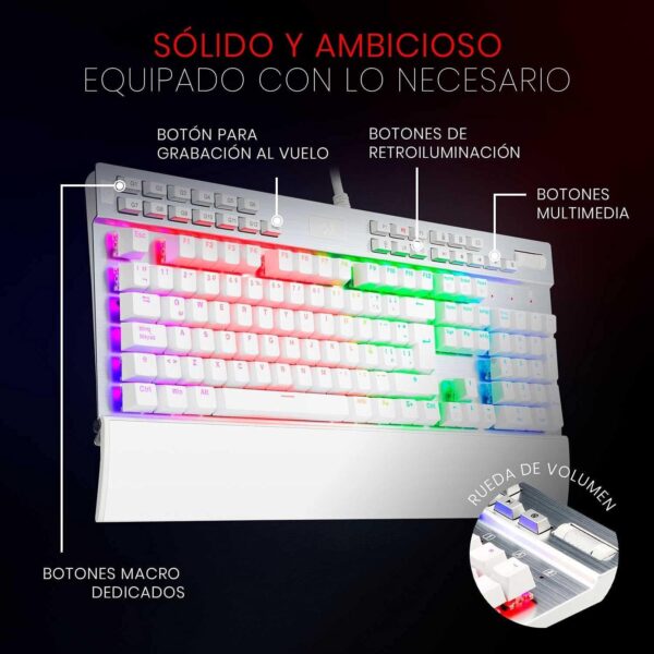 K550W Yama White Spanish Mechanical Keyboard, RGB for Gaming with Dedicated Multimedia Keys, Purple Switches, Detachable-Magnetic Wrist Rest