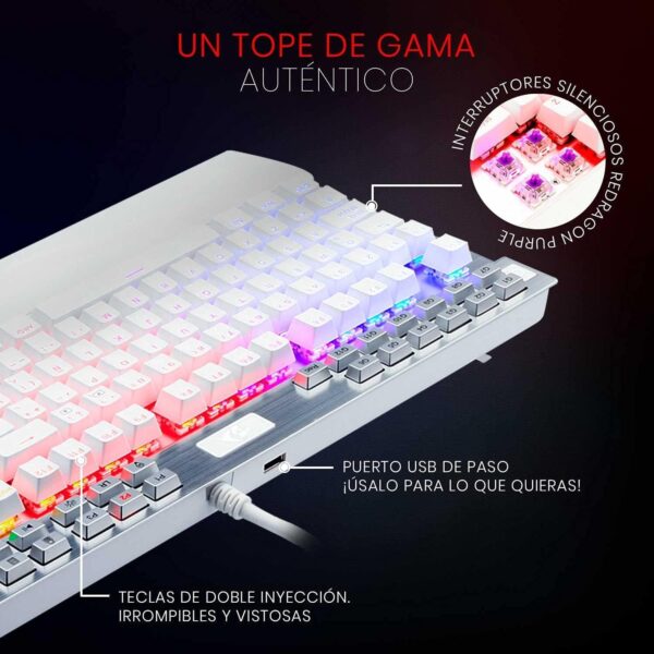 ⁦K550W Yama White Spanish Mechanical Keyboard, RGB for Gaming with Dedicated Multimedia Keys, Purple Switches, Detachable-Magnetic Wrist Rest⁩ - الصورة ⁦4⁩