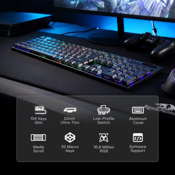 K619 Horus RGB Mechanical Keyboard, Ultra-Thin Designed Wired Gaming Keyboard w/Low Profile Keycaps, Dedicated Media Control & Linear Red Switch, Pro Software Supported - Image 4
